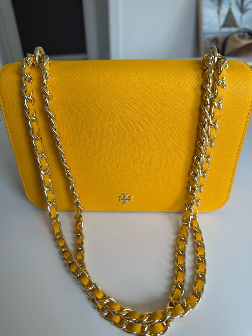 Tory Burch Bright Yellow Saffiano Leather Chain Crossbody